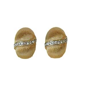 1980s Textured Gold Plate Metal White Rhinestones Egg Shaped Domed Clip Earrings